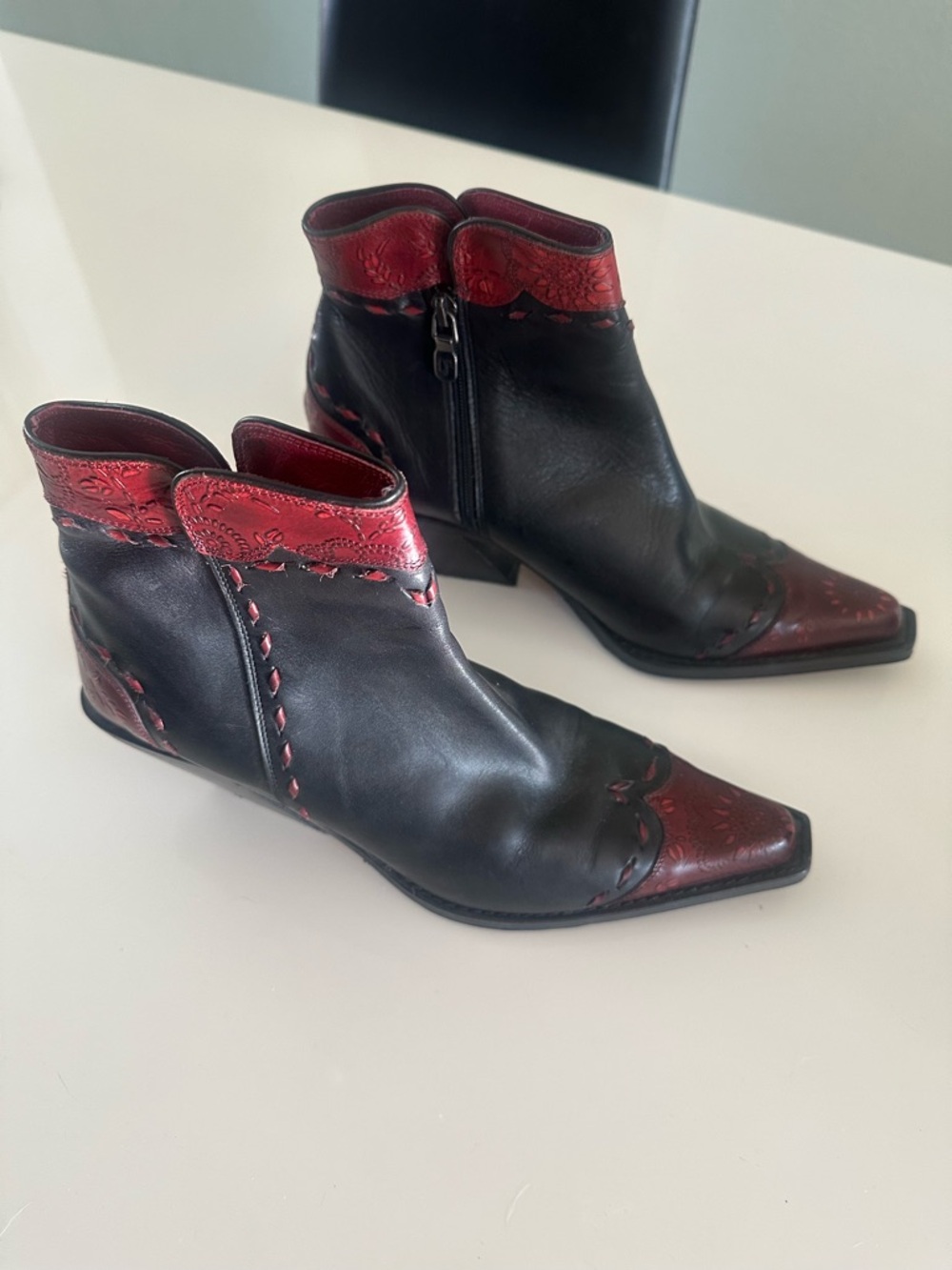 Donald J. Pliner Black and Red Leather Western-Inspired Ankle Boots